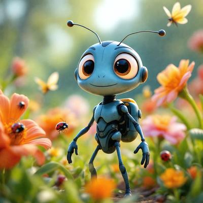 The primary subject of the image is a cartoon-like blue grasshopper with a smile on its face. The setting is a field filled with flowers, creating a vibrant and colorful background. The visual style is a combination of digital art and illustration, giving the image a unique and playful appearance. The dominant colors are blue, green, and yellow, with the flowers adding a variety of hues to the scene. The overall atmosphere is cheerful and lighthearted, as the grasshopper appears to be enjoying